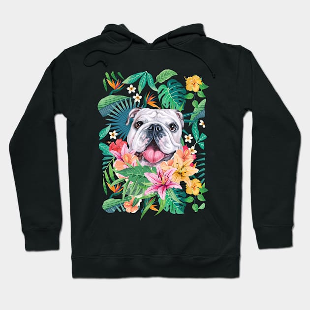 Tropical White English British Bulldog 2 Hoodie by LulululuPainting